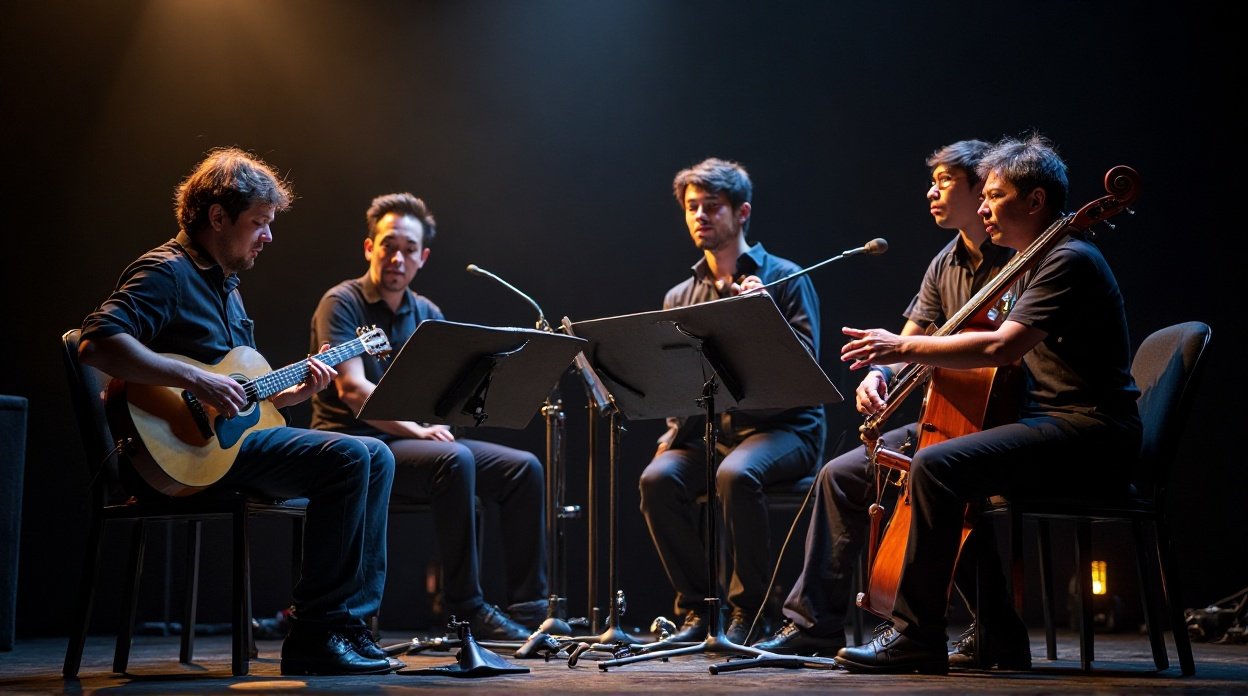 Groupe de musiciens improvisant ensemble lors d'une session live